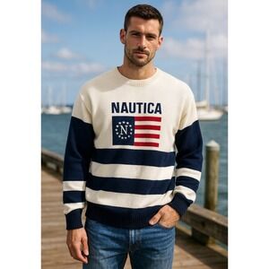 Vtg Nautica Men Heritage Flag Sweater Size XL Nautical Stripe Coastal Yacht Prep